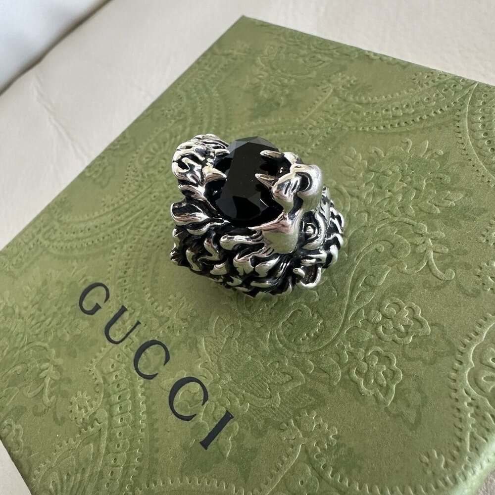 NEW Authentic Gucci Lion Head Crystal Ring In Silver & Black Sz 16 IT 7.5 US - Picture 6 of 11